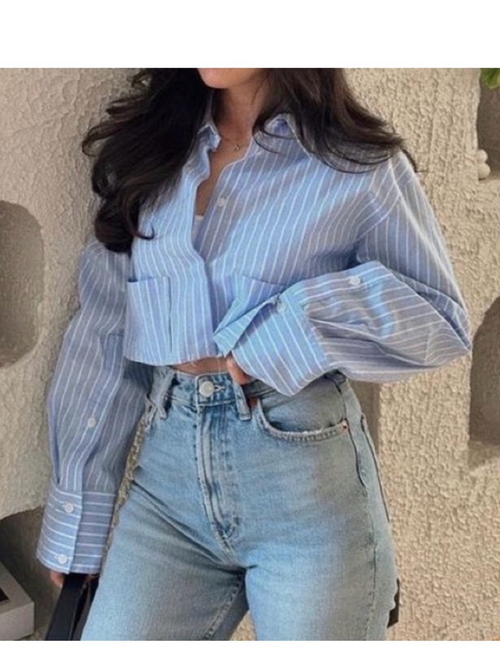 ZARA Blue & White Pinstripe Cropped Button-Down Shirt